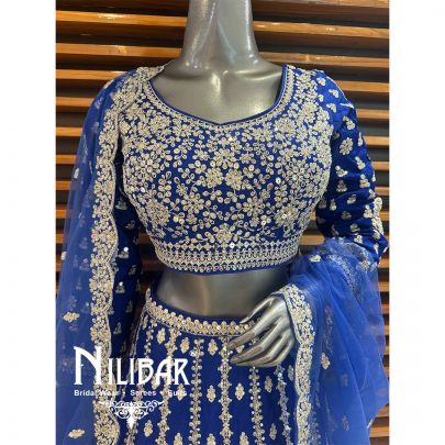 Blue Chinon Embroidered Lehenga
