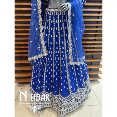 Blue Chinon Embroidered Lehenga