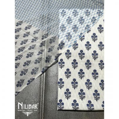White and Navy Blue Cotton Unstitched Suit