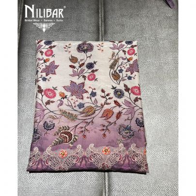 White and Purple Muslin Cotton Unstitched Suit embellished with floral print work along with muslin cotton foursided bordered dupatta.