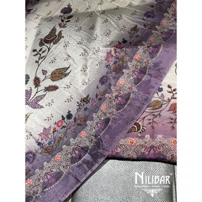 White and Purple Muslin Cotton Unstitched Suit embellished with floral print work along with muslin cotton foursided bordered dupatta.