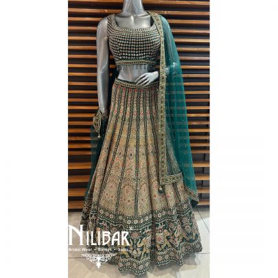 Green Crepe Embroidered Lehenga