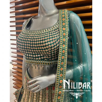 Green Crepe Embroidered Lehenga