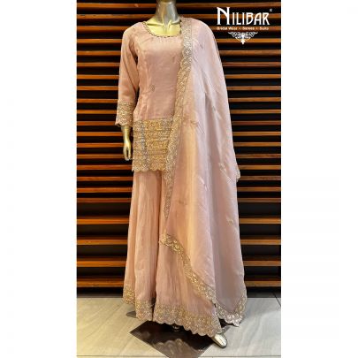 Crepe Pink Silk and Lamba Tissue Palazzo Suit Set