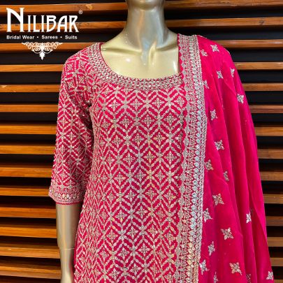 Magenta Pink Silk and Chiffon Palazzo Suit Set