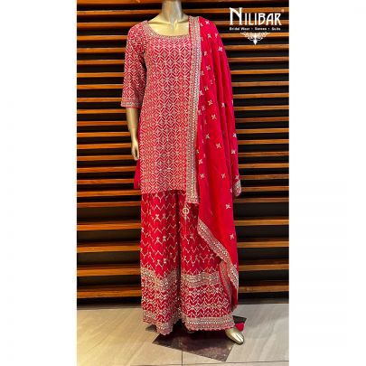 Magenta Pink Silk and Chiffon Palazzo Suit Set
