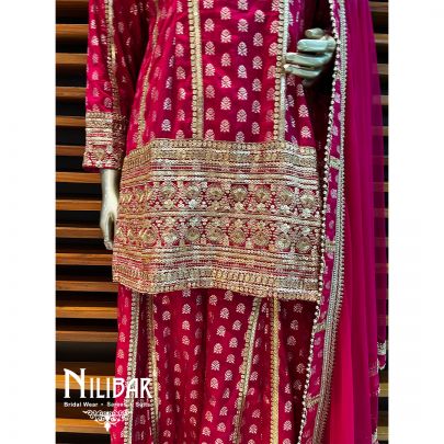Hot Pink Silk and Chinon Palazzo Suit Set