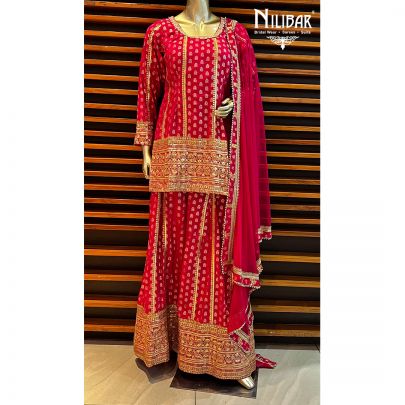 Hot Pink Silk and Chinon Palazzo Suit Set