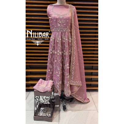 Mauve Lame Silk Unstitched Embroidered Anarkali Suit