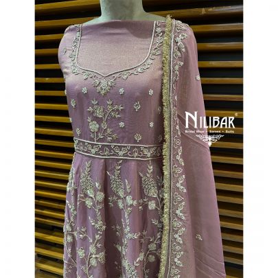 Mauve Lame Silk Unstitched Embroidered Anarkali Suit