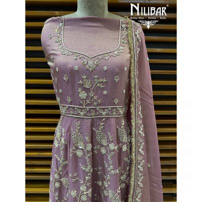 Mauve Lame Silk Unstitched Embroidered Anarkali Suit