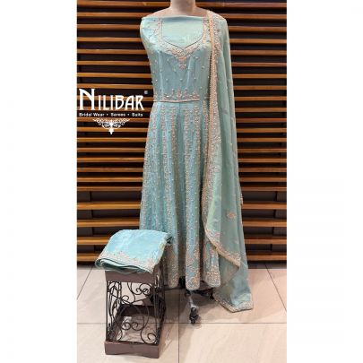 Ice Blue Lame Silk Unstitched Embroidered Anarkali Suit