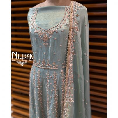 Ice Blue Lame Silk Unstitched Embroidered Anarkali Suit