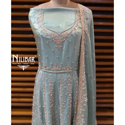 Ice Blue Lame Silk Unstitched Embroidered Anarkali Suit