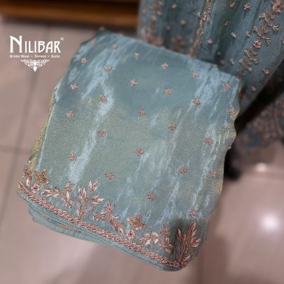 Ice Blue Lame Silk Unstitched Embroidered Anarkali Suit