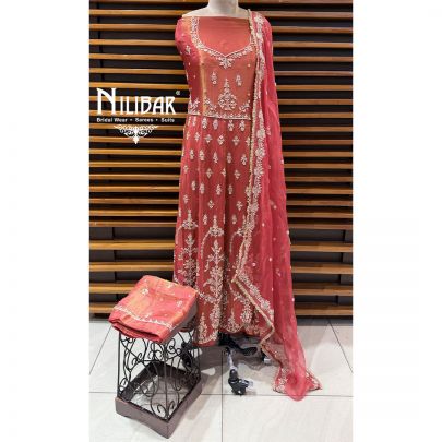 Rust Lame Silk Unstitched Embroidered Anarkali Suit