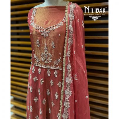 Rust Lame Silk Unstitched Embroidered Anarkali Suit