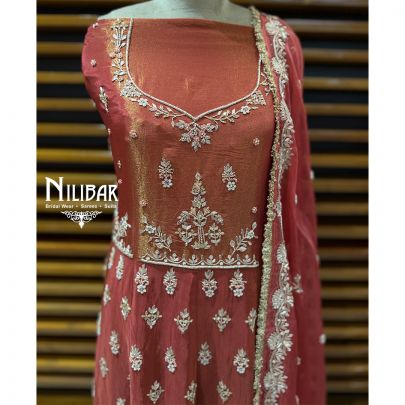 Rust Lame Silk Unstitched Embroidered Anarkali Suit
