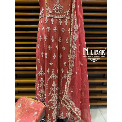 Rust Lame Silk Unstitched Embroidered Anarkali Suit