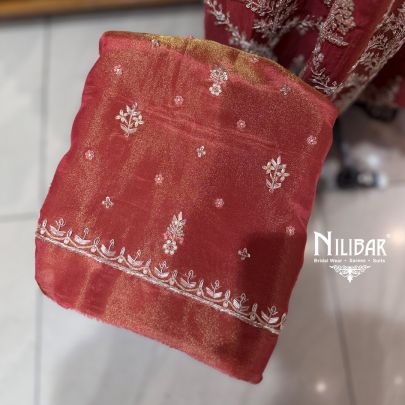 Rust Lame Silk Unstitched Embroidered Anarkali Suit