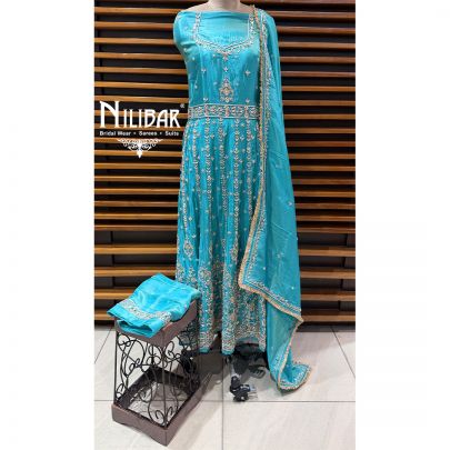 Sky Blue Lame Silk Unstitched Embroidered Anarkali Suit