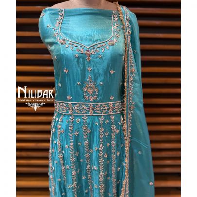 Sky Blue Lame Silk Unstitched Embroidered Anarkali Suit
