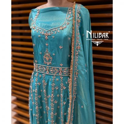 Sky Blue Lame Silk Unstitched Embroidered Anarkali Suit