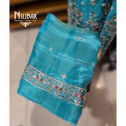 Sky Blue Lame Silk Unstitched Embroidered Anarkali Suit