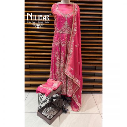 Carrot Red Lame Silk Unstitched Embroidered Anarkali Suit