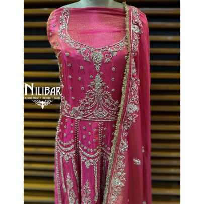 Carrot Red Lame Silk Unstitched Embroidered Anarkali Suit