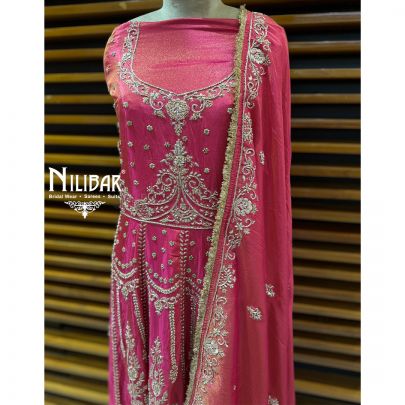 Carrot Red Lame Silk Unstitched Embroidered Anarkali Suit