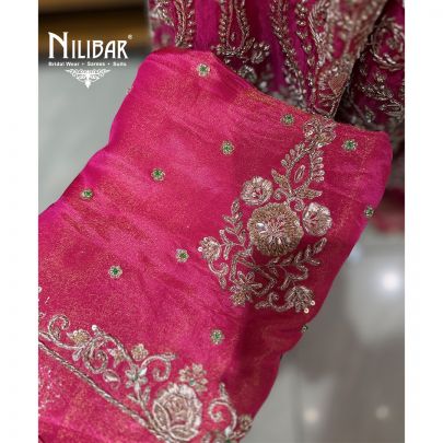 Carrot Red Lame Silk Unstitched Embroidered Anarkali Suit