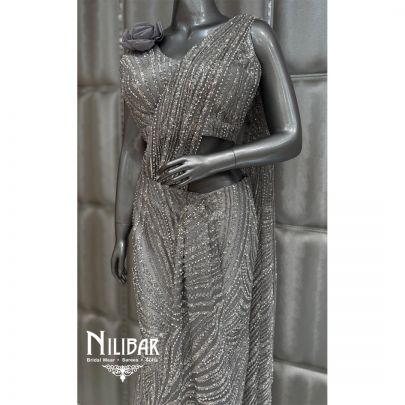 Grey Lycra Draped Saree