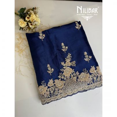 Navy Organza Embroidered Unstitched Suit