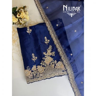Navy Organza Embroidered Unstitched Suit