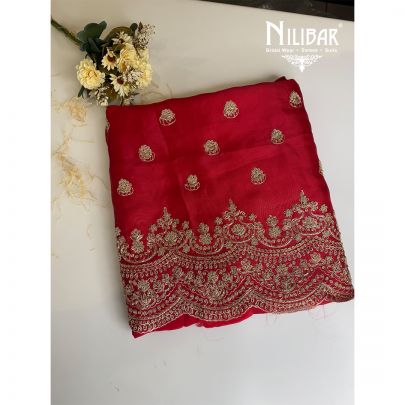 Red Organza Embroidered Unstitched Suit