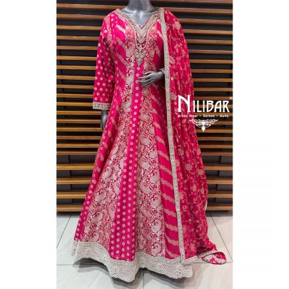 Hot Pink Banarasi Silk Anarkali Paired With Banarasi Dupatta