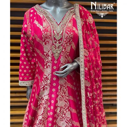 Hot Pink Banarasi Silk Anarkali Paired With Banarasi Dupatta