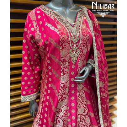 Hot Pink Banarasi Silk Anarkali Paired With Banarasi Dupatta