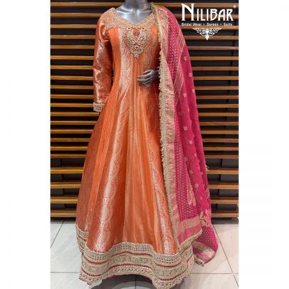 Orange & Hot Pink Banarasi Anarkali Paired With Tissue Dupatta