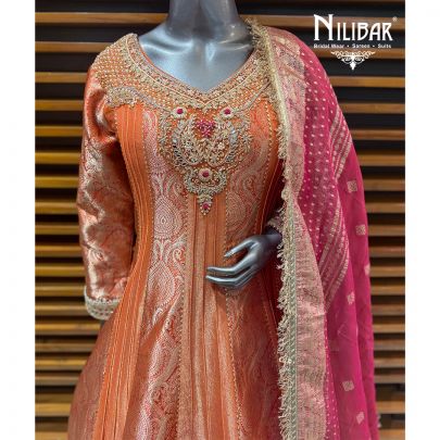 Orange & Hot Pink Banarasi Anarkali Paired With Tissue Dupatta