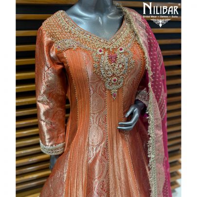 Orange & Hot Pink Banarasi Anarkali Paired With Tissue Dupatta