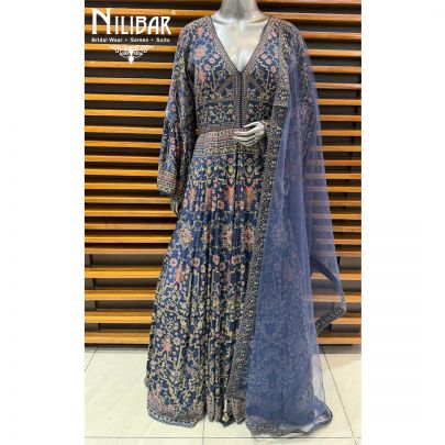 Moon Blue Crepe Anarkali Paired With Net Dupatta