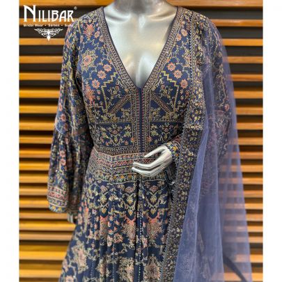 Moon Blue Crepe Anarkali Paired With Net Dupatta