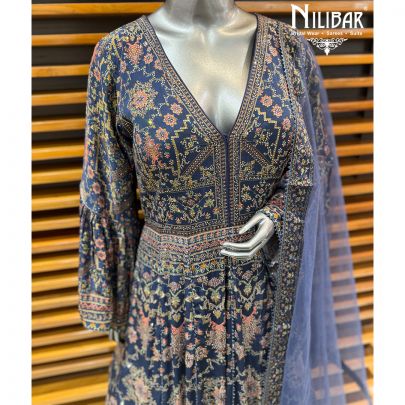 Moon Blue Crepe Anarkali Paired With Net Dupatta