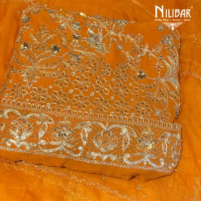 Saffron Orange Georgette Unstitched Suit Paired With Organza Dupatta