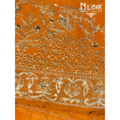 Saffron Orange Georgette Unstitched Suit Paired With Organza Dupatta
