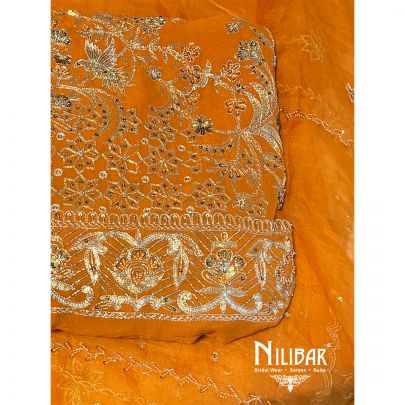 Saffron Orange Georgette Unstitched Suit Paired With Organza Dupatta