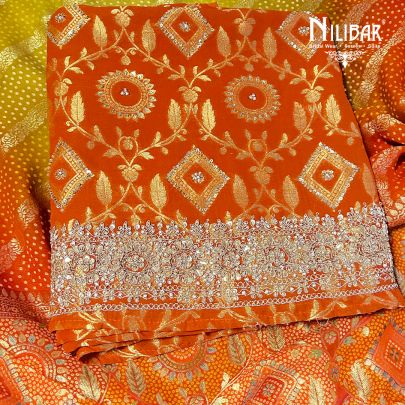 Orange Georgette Unstitched Suit Paired With Bandhani Dupatta