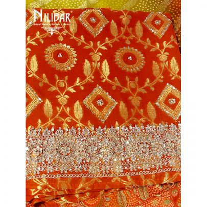 Orange Georgette Unstitched Suit Paired With Bandhani Dupatta